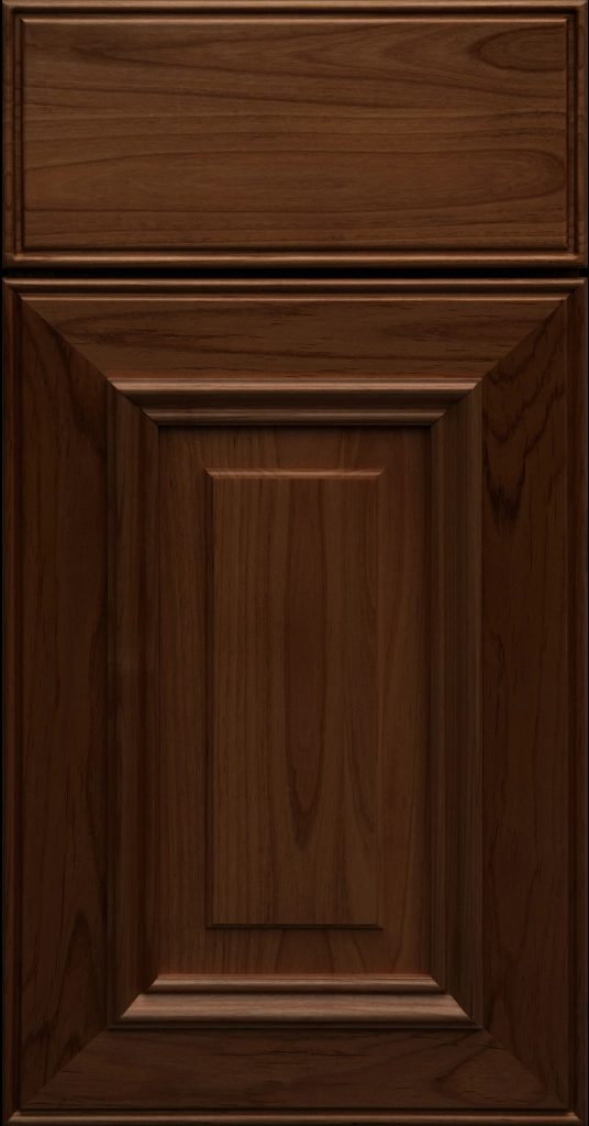 Custom Pecan Stain Anderson Raised Panel Kitchen Cabinet Door and matching Slab Drawer Front.
